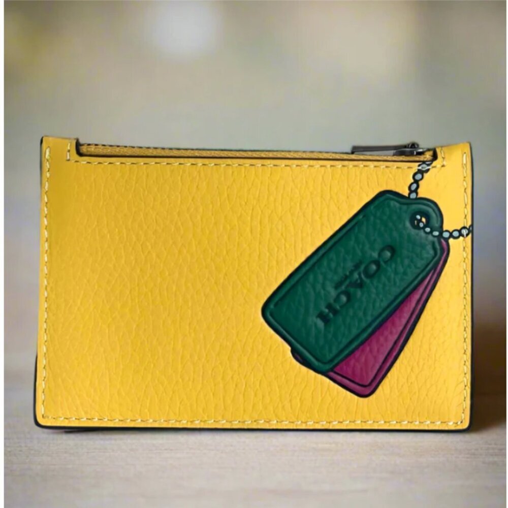 Coach Zip Card Case Wallet Mens Yellow Pebbled Leather Slim Trompe L'oeil CH130